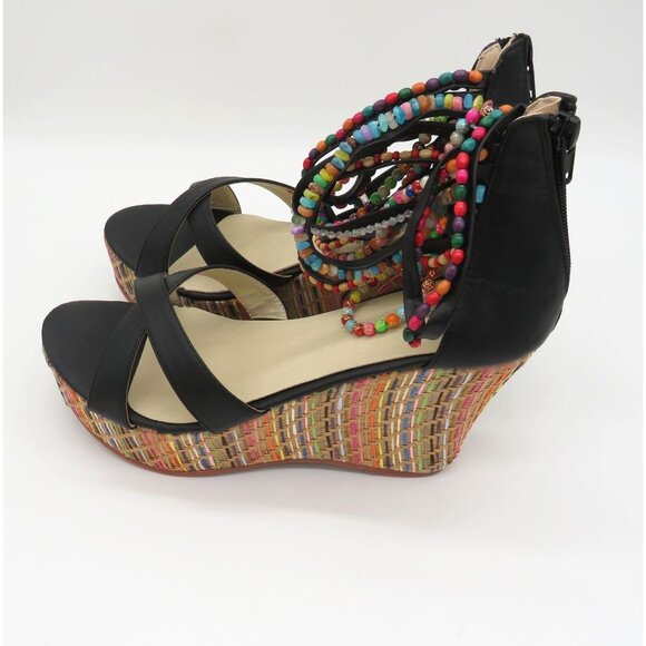 Get More Beauty Women's Black Wedge Sandals Multicolor Beaded Straps 10 NEW - Picture 3 of 7